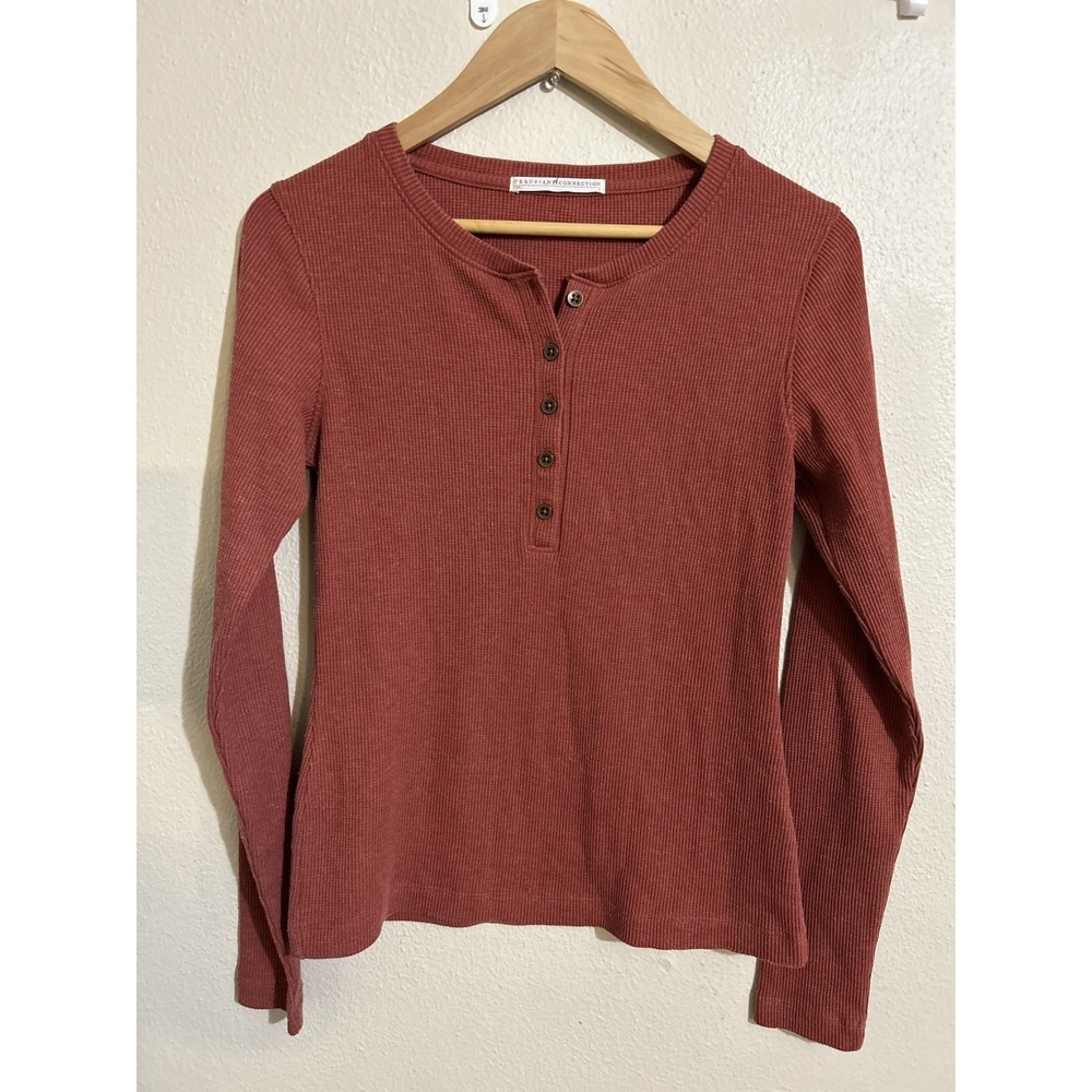 Peruvian Connection Womens Waffle Knit Long Sleeve Henley Top Size S Orange Cozy
